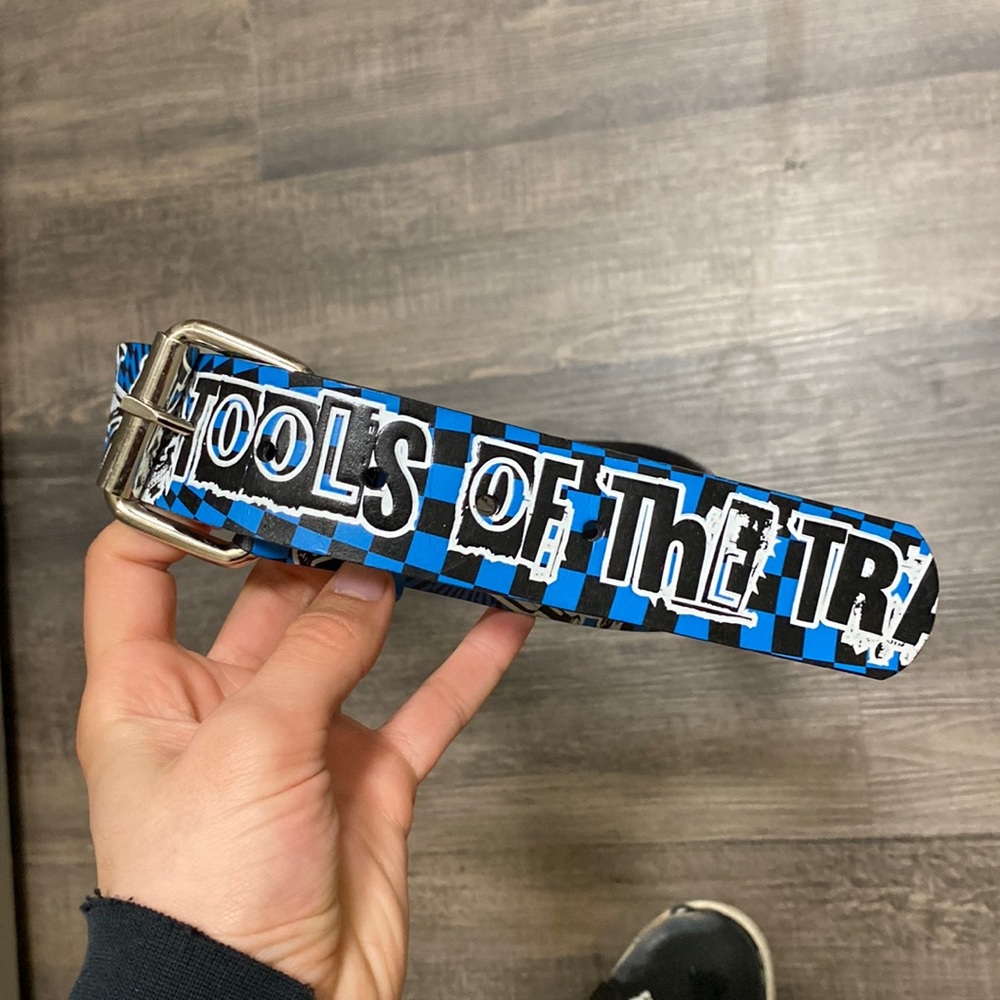 Y2k checkered blue and black skulls and skateboards belt